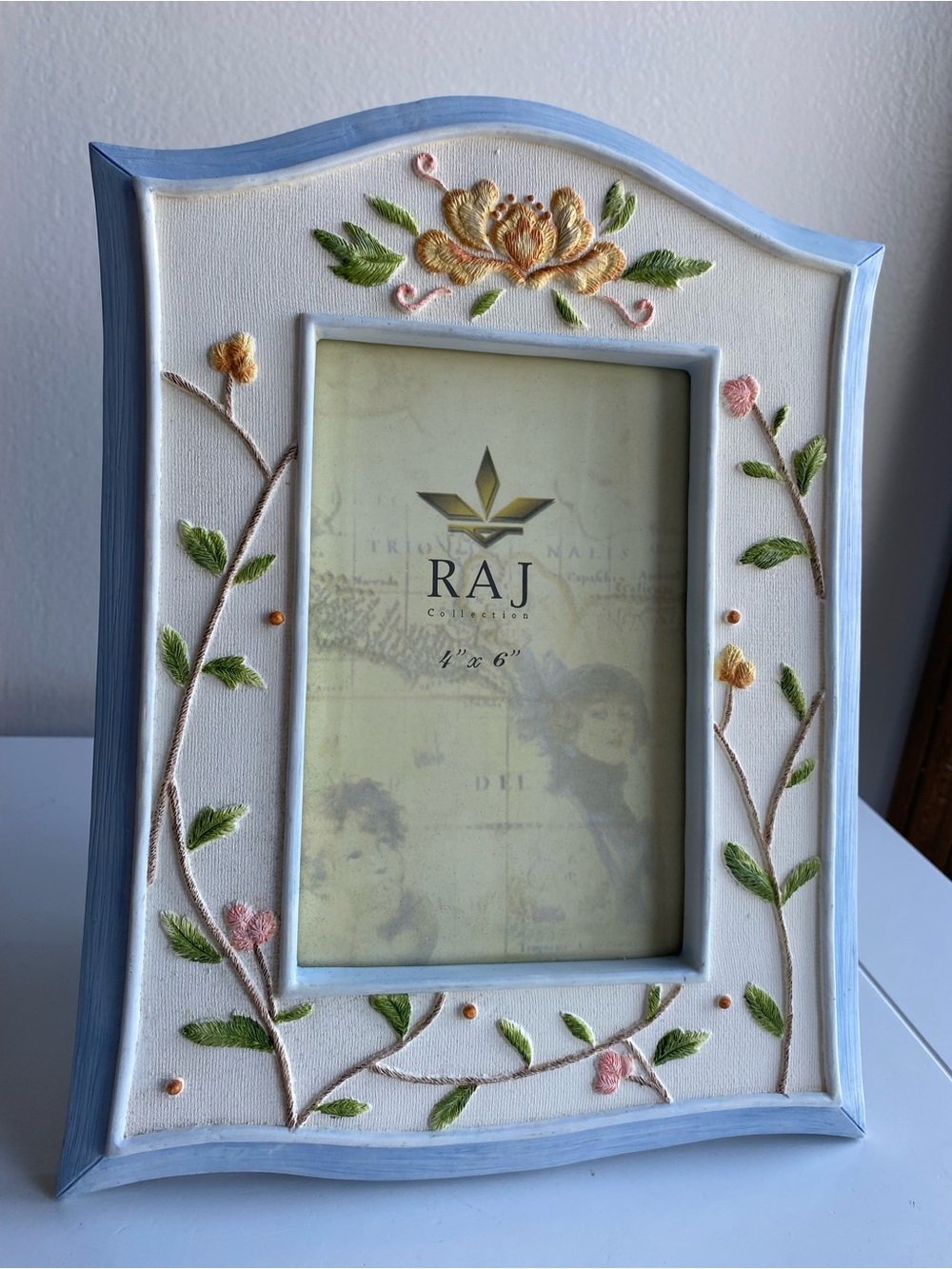 New Raj Hand-Painted 4x6 Floral Photo Frame in Blue, Cream, Green, Pink, Gold